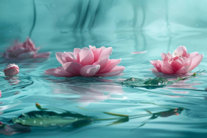 pink flowers on the surface of the water, in the style of photorealistic surrealism, light aquamarine, cinestill 50d, organic material, rococo decadence, lush detailing, photo-realistic compositions